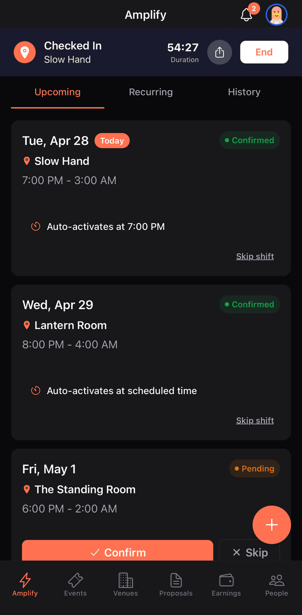 Bartender schedule with five upcoming shifts at San Francisco venues